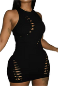 Black sleeveless dress with cut-out design on a white background